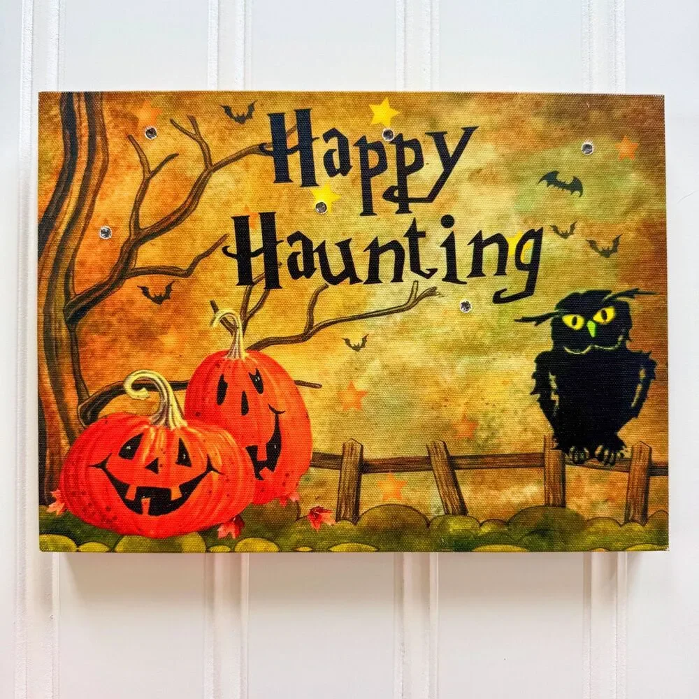 Light Up “Happy Haunting” Halloween Canvas Sign JackOLanterns Owl Bat Wall Decor